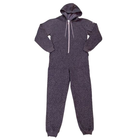 Fabletics Fleece Hooded Onesie Jumpsuit Womens Small Purple Black Leopard Print - Picture 2 of 11